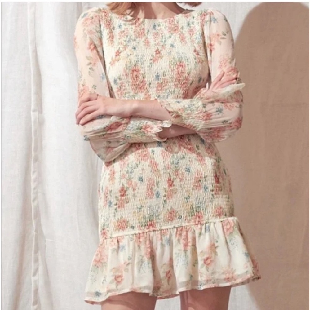 STORIA Womens Pastel Floral Smocked Chiffon Ruffle Teim Dress Long Sleeve Medium - Picture 1 of 11